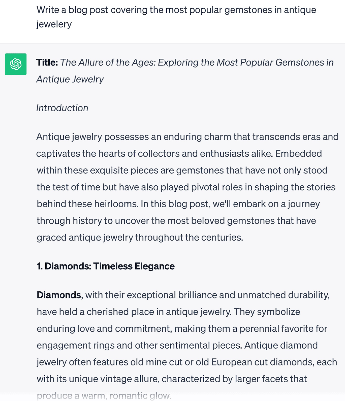 ChatGPT response to &ldquo;write a blog post covering the most popular gemstones in antique jewelry&rdquo; prompt