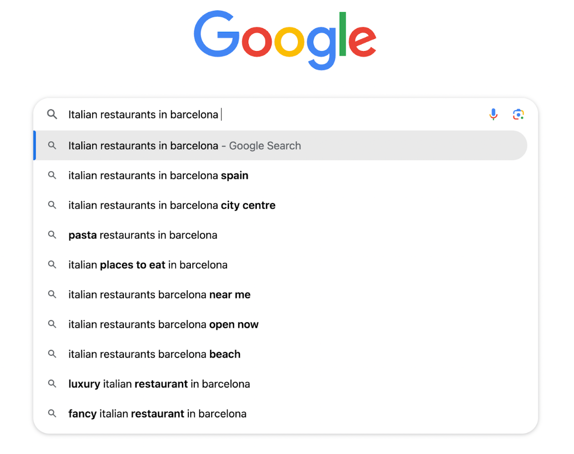 Entering &ldquo;Italian restaurants in barcelona&rdquo; to see what autocomplete suggestions appear.