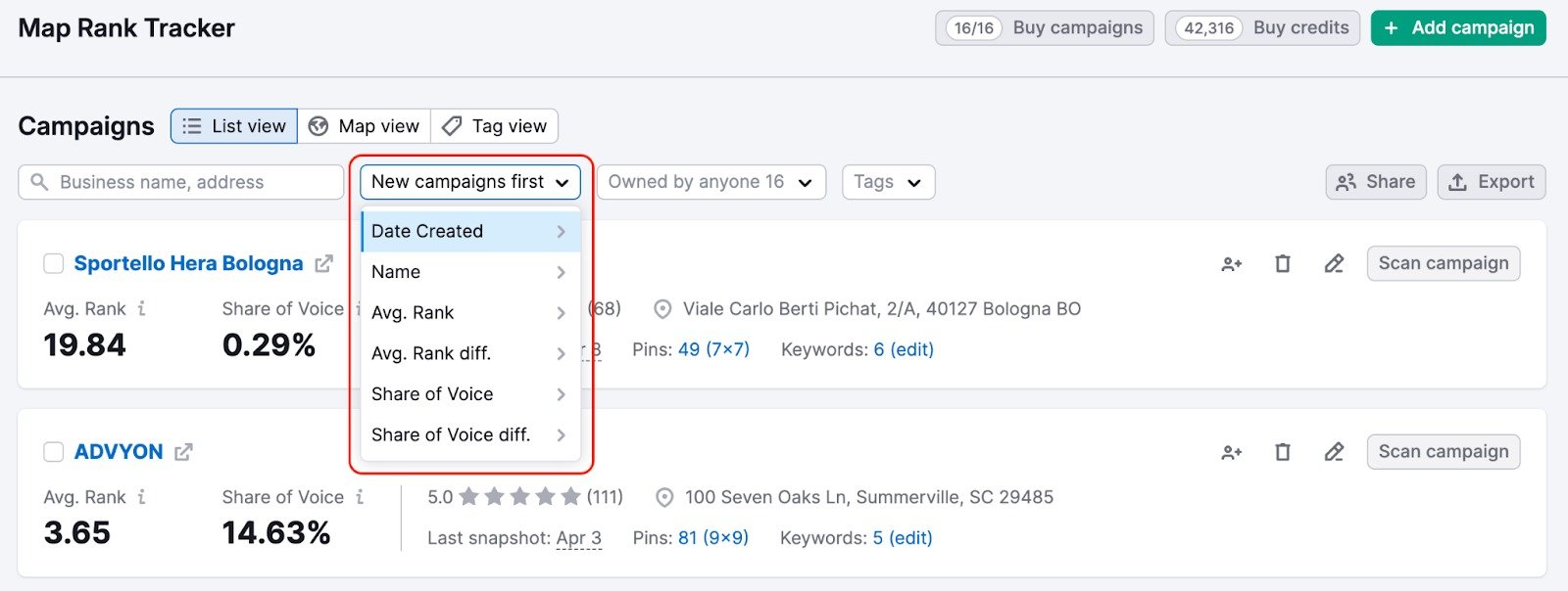 Map Rank Tracker with the sorting drop-down next to the search bar highlighted with a red rectangle.